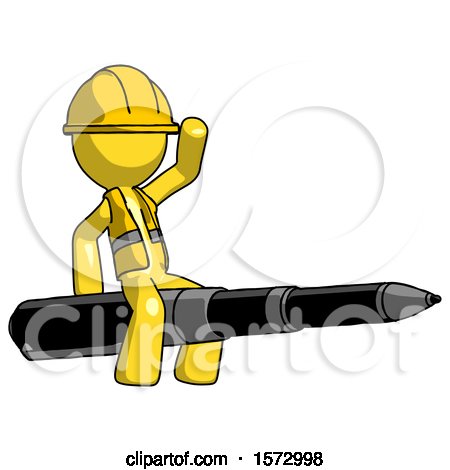 Yellow Construction Worker Contractor Man Riding a Pen like a Giant Rocket by Leo Blanchette