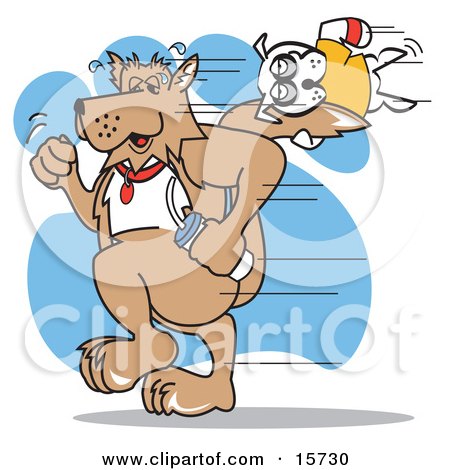 Big Dog Carrying A Water Bottle And Running While A Lazy Little Dog Hangs Onto His Tail Clipart Illustration by Andy Nortnik
