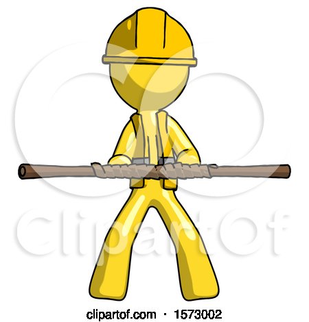 Yellow Construction Worker Contractor Man Bo Staff Kung Fu Defense Pose by Leo Blanchette