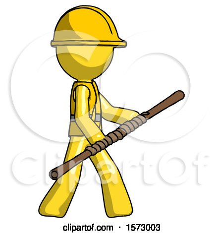 Yellow Construction Worker Contractor Man Holding Bo Staff in Sideways Defense Pose by Leo Blanchette