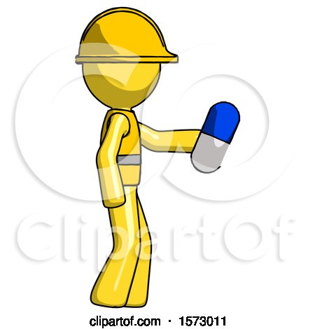 Yellow Construction Worker Contractor Man Holding Blue Pill Walking to Right by Leo Blanchette