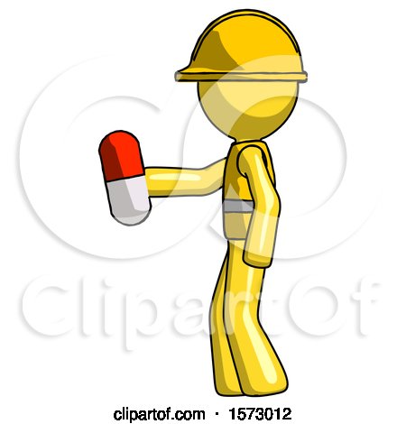 Yellow Construction Worker Contractor Man Holding Red Pill Walking to Left by Leo Blanchette