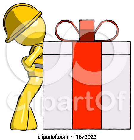 Yellow Construction Worker Contractor Man Gift Concept - Leaning Against Large Present by Leo Blanchette