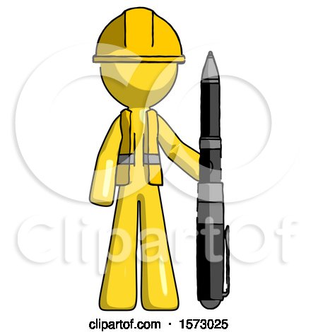 Yellow Construction Worker Contractor Man Holding Large Pen by Leo Blanchette