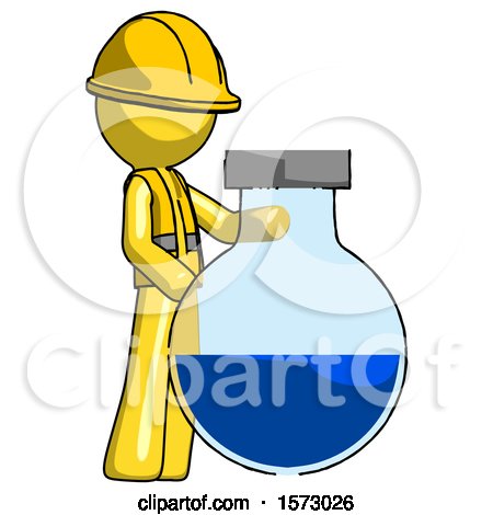 Yellow Construction Worker Contractor Man Standing Beside Large Round Flask or Beaker by Leo Blanchette