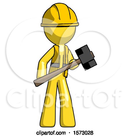 Yellow Construction Worker Contractor Man with Sledgehammer Standing Ready to Work or Defend by Leo Blanchette