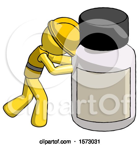 Yellow Construction Worker Contractor Man Pushing Large Medicine Bottle by Leo Blanchette