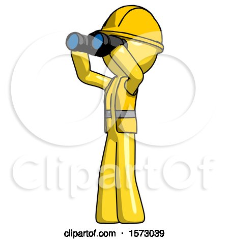 Yellow Construction Worker Contractor Man Looking Through Binoculars to the Left by Leo Blanchette