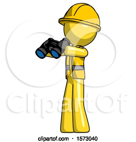 Yellow Construction Worker Contractor Man Holding Binoculars Ready to Look Left by Leo Blanchette