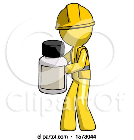 Yellow Construction Worker Contractor Man Holding White Medicine Bottle by Leo Blanchette