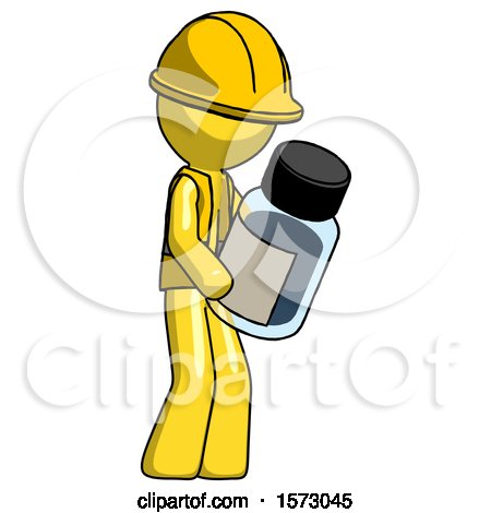 Yellow Construction Worker Contractor Man Holding Glass Medicine Bottle by Leo Blanchette