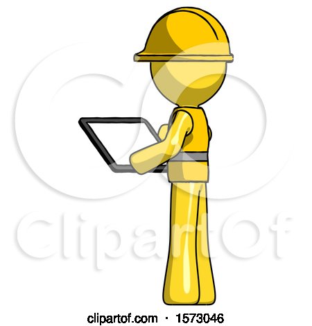 Yellow Construction Worker Contractor Man Looking at Tablet Device Computer with Back to Viewer by Leo Blanchette