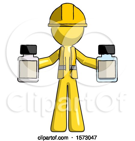Yellow Construction Worker Contractor Man Holding Two Medicine Bottles by Leo Blanchette