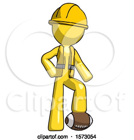 Yellow Construction Worker Contractor Man Standing with Foot on Football by Leo Blanchette