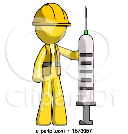 Yellow Construction Worker Contractor Man Holding Large Syringe by Leo Blanchette