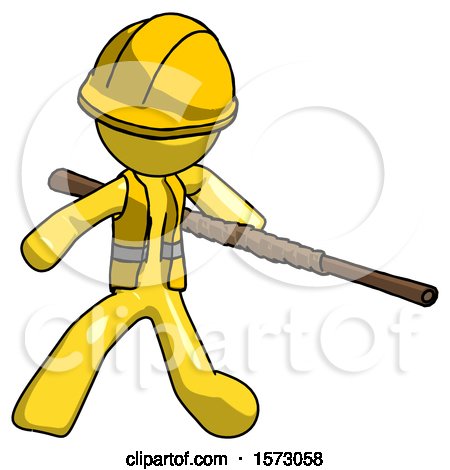 Yellow Construction Worker Contractor Man Bo Staff Action Hero Kung Fu Pose by Leo Blanchette