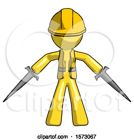 Yellow Construction Worker Contractor Man Two Sword Defense Pose by Leo Blanchette