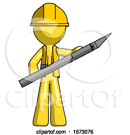 Yellow Construction Worker Contractor Man Holding Large Scalpel by Leo Blanchette