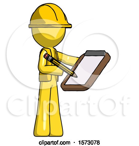 Yellow Construction Worker Contractor Man Using Clipboard and Pencil by Leo Blanchette