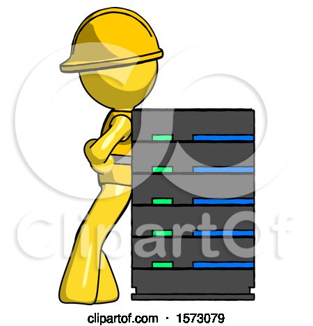 Yellow Construction Worker Contractor Man Resting Against Server Rack by Leo Blanchette