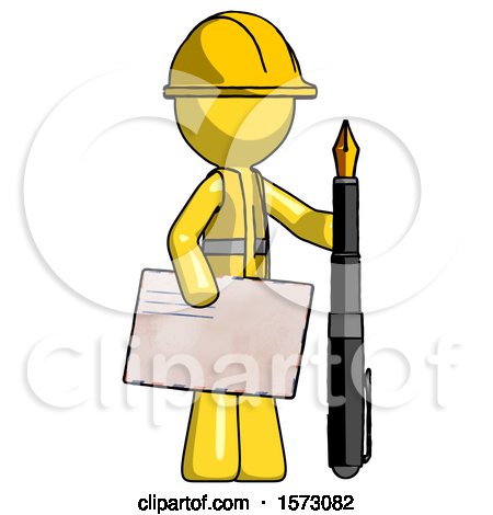 Yellow Construction Worker Contractor Man Holding Large Envelope and Calligraphy Pen by Leo Blanchette
