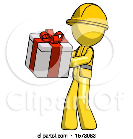 Yellow Construction Worker Contractor Man Presenting a Present with Large Red Bow on It by Leo Blanchette