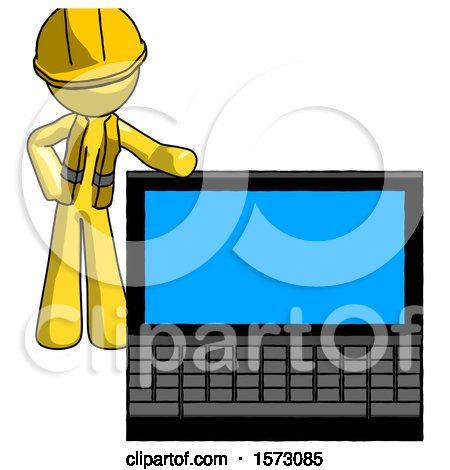 Yellow Construction Worker Contractor Man Beside Large Laptop Computer, Leaning Against It by Leo Blanchette