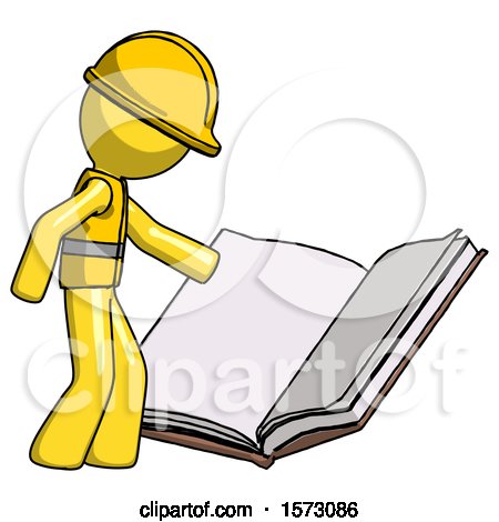 Yellow Construction Worker Contractor Man Reading Big Book While Standing Beside It by Leo Blanchette