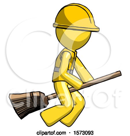 Yellow Construction Worker Contractor Man Flying on Broom by Leo Blanchette