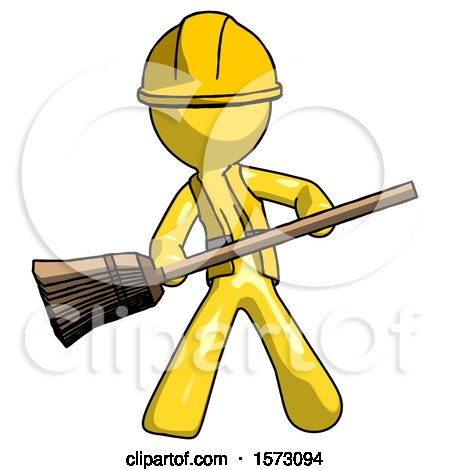 Yellow Construction Worker Contractor Man Broom Fighter Defense Pose by Leo Blanchette