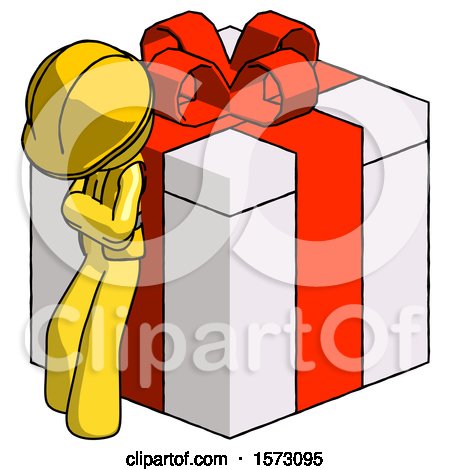 Yellow Construction Worker Contractor Man Leaning on Gift with Red Bow Angle View by Leo Blanchette