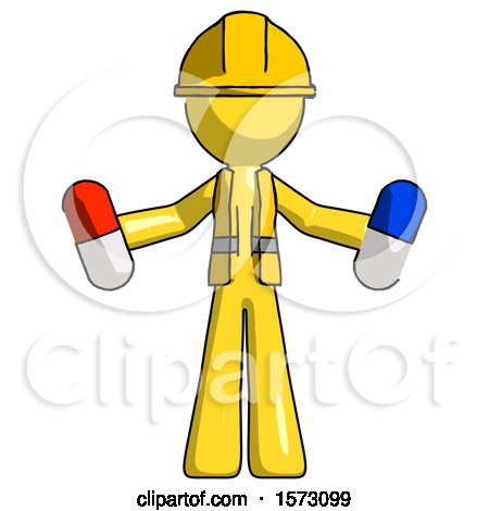 Yellow Construction Worker Contractor Man Holding a Red Pill and Blue Pill by Leo Blanchette