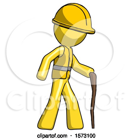 Yellow Construction Worker Contractor Man Walking with Hiking Stick by Leo Blanchette