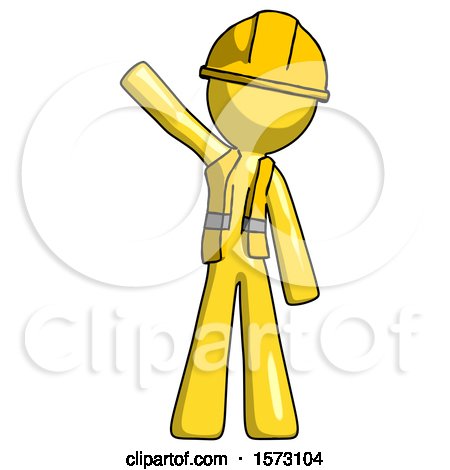 Yellow Construction Worker Contractor Man Waving Emphatically with Right Arm by Leo Blanchette