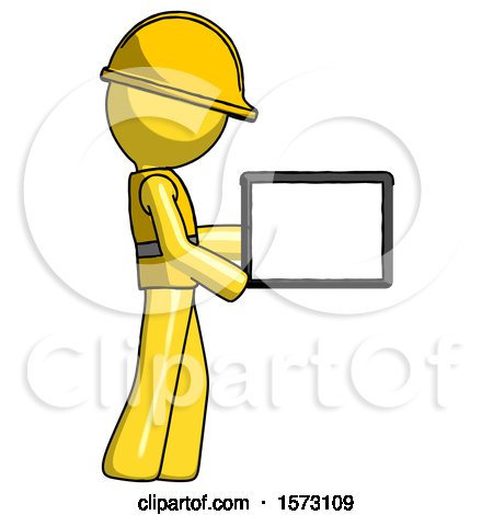 Yellow Construction Worker Contractor Man Show Tablet Device Computer to Viewer, Blank Area by Leo Blanchette