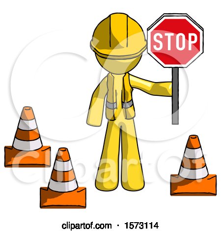 Yellow Construction Worker Contractor Man Holding Stop Sign by Traffic Cones Under Construction Concept by Leo Blanchette