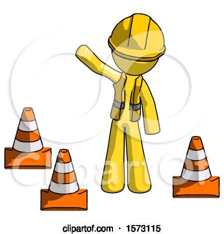 Yellow Construction Worker Contractor Man Standing by Traffic Cones Waving by Leo Blanchette