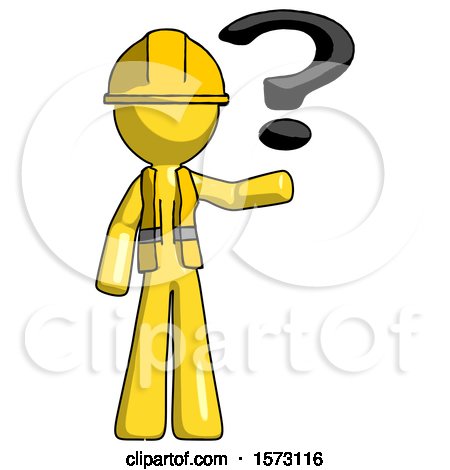 Yellow Construction Worker Contractor Man Holding Question Mark to Right by Leo Blanchette