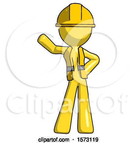 Yellow Construction Worker Contractor Man Waving Right Arm with Hand on Hip by Leo Blanchette