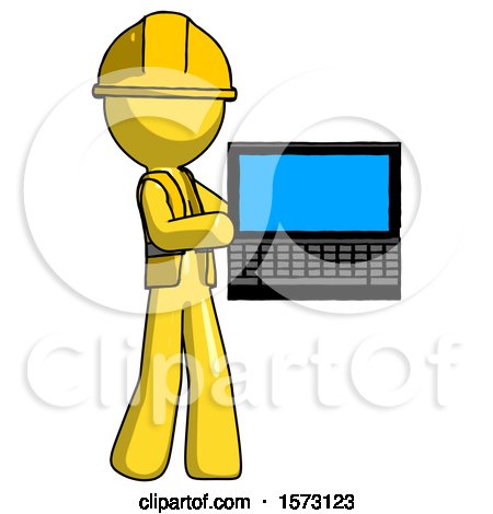 Yellow Construction Worker Contractor Man Holding Laptop Computer Presenting Something on Screen by Leo Blanchette