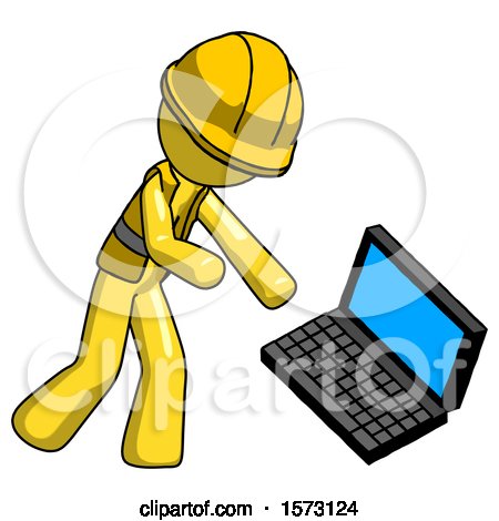 Yellow Construction Worker Contractor Man Throwing Laptop Computer in Frustration by Leo Blanchette