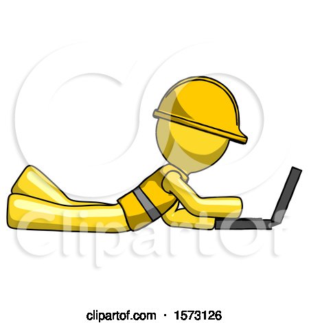 Yellow Construction Worker Contractor Man Using Laptop Computer While Lying On Floor Side View By Leo Blanchette