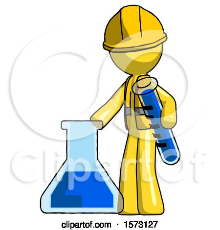Yellow Construction Worker Contractor Man Holding Test Tube Beside Beaker or Flask by Leo Blanchette