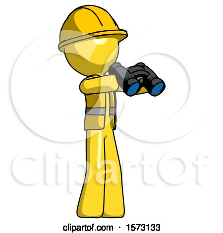 Yellow Construction Worker Contractor Man Holding Binoculars Ready to Look Right by Leo Blanchette