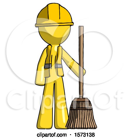 Yellow Construction Worker Contractor Man Standing with Broom Cleaning Services by Leo Blanchette