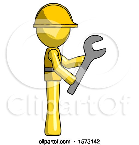 Yellow Construction Worker Contractor Man Using Wrench Adjusting Something to Right by Leo Blanchette