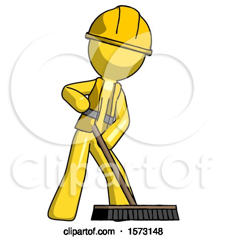 Yellow Construction Worker Contractor Man Cleaning Services Janitor Sweeping Floor with Push Broom by Leo Blanchette