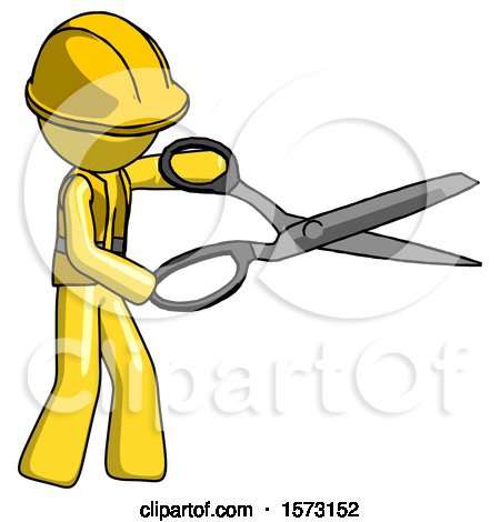 Yellow Construction Worker Contractor Man Holding Giant Scissors Cutting out Something by Leo Blanchette