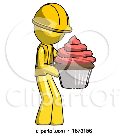 Yellow Construction Worker Contractor Man Holding Large Cupcake Ready to Eat or Serve by Leo Blanchette