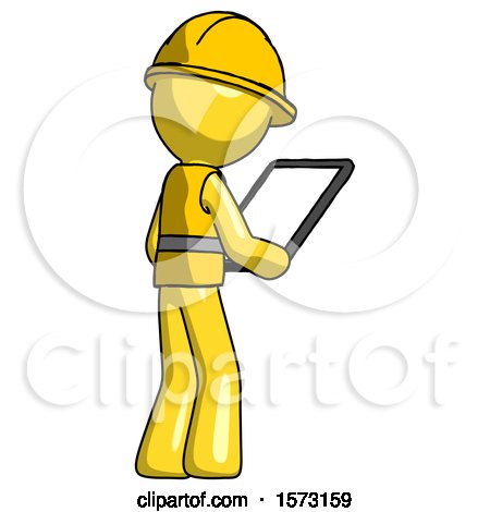 Yellow Construction Worker Contractor Man Looking at Tablet Device Computer Facing Away by Leo Blanchette